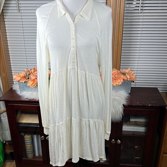 FREE PEOPLE Sz L TIERED BEST GIRL BUTTON LONG SLEEVE TUNIC DRESS IN IVORY - Picture 4 of 10